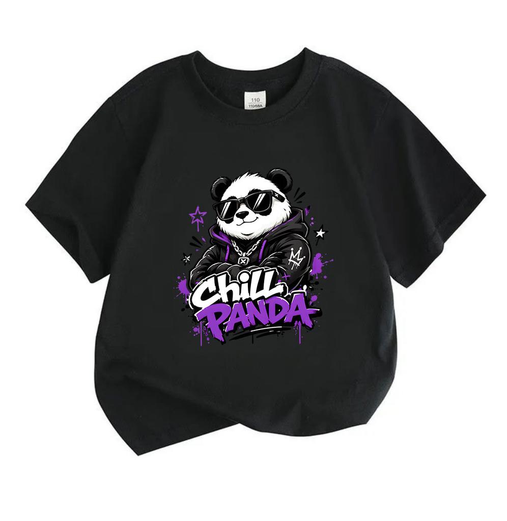 Kids Boys Girls 100% Cotton Crew Neck Short Sleeve T-Shirt, Cool Chill Panda Graphic Tees, Casual Graffiti Style Summer Tops for Children Daily Wear