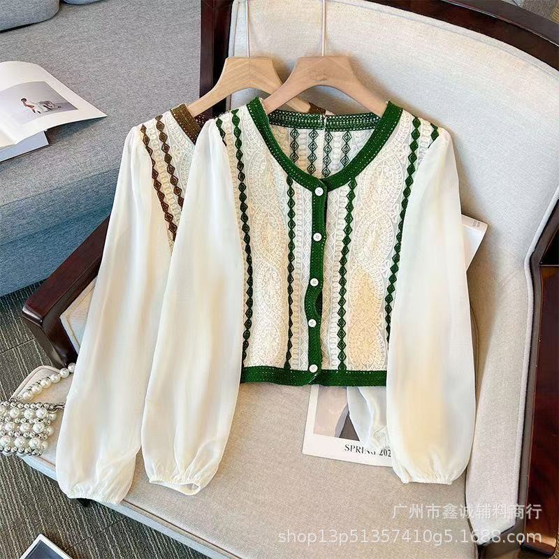 Petite Women s French V-Neck Color Block Cardigan & Chiffon Shirt Set for Early Spring One Size зелёный