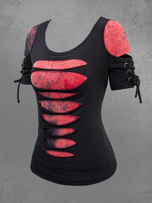 Rosegal Gothic Batik Zerrissen Schnürung 2 in 1 Kurzarm T-Shirt