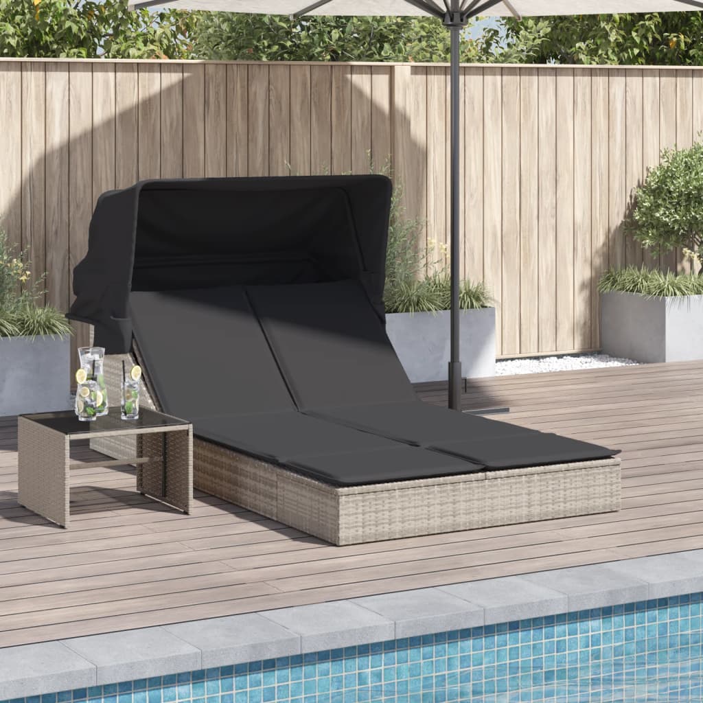 Double Sun Lounger with Canopy and Cushions Light Grey Poly Rattan