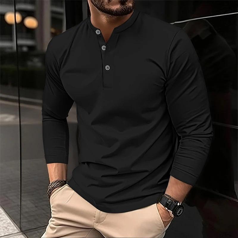 Polyester Fabric Fashionful Casual Outdoor Men's Long Sleeve 3-Button T-Shirt with Solid Color Design Basic Style Comfortable