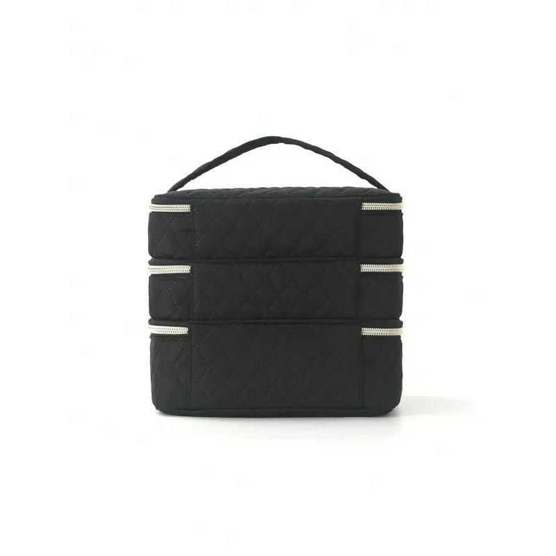 3 Layer Large Capacity Cosmetic Bag Quilted Multifunctional Portable Handbag for Women College Students Travel Dormitory