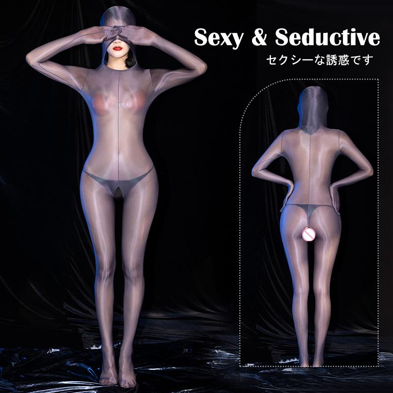 Sexy Öl Glänzende Ganzkörperstrümpfe Frauen Durchsichtiger Bodysuit-Overall mit offenem Schritt Trikot Catsuit Sex-Porno-Kleidung für Erwachsene