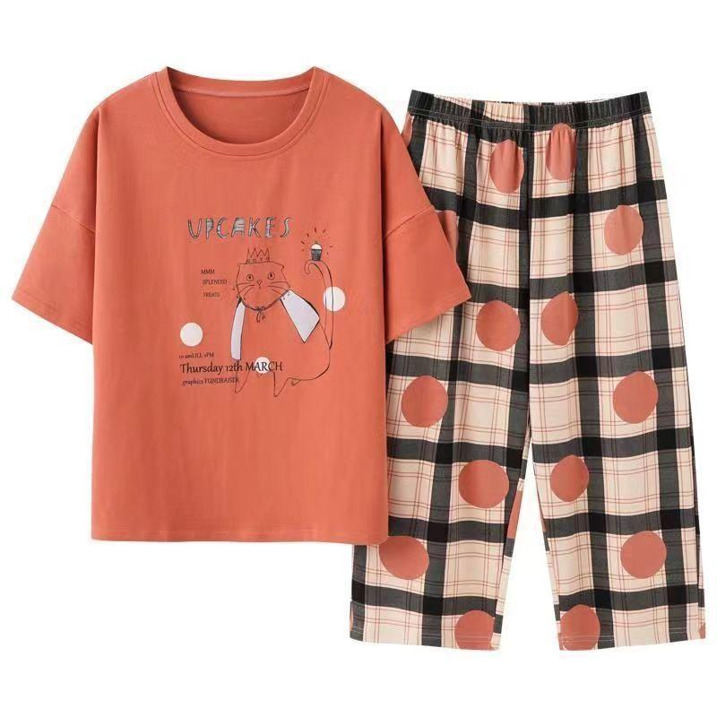 Pajamas Women's Summer, New Spring and Summer Short-sleeved Cute Loose Cropped Pants Loungewear Two-piece Set Summer