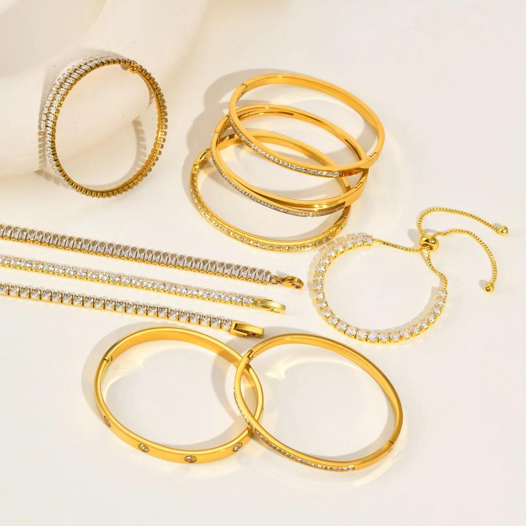 Luxury Shiny Cubic Zircon Stainless Steel Bracelet for Women, Waterproof Tennis Chain Openable Bangle, Fashion Elegant Jewelry