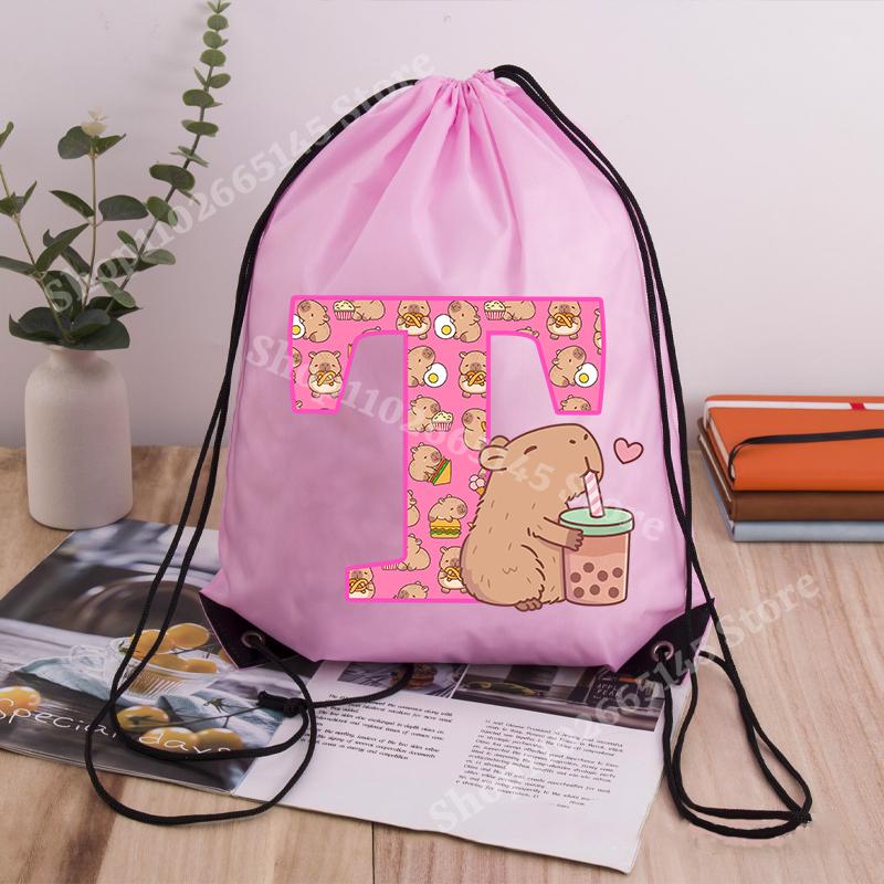 Capibara Girls Drawstring Backpack Cute Capybara Letter A-Z Storage Bag Kids Outdoor Sport Travel Rucksack Children Gifts