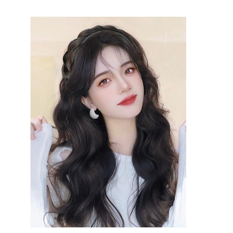 Women's Long Water Wave Curly Headband Wig with Fishtail Braid