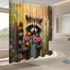 Raccoon Shower Curtain - Cute Raccoon With Flowers, Rustic Fence, Colorful Background,Fade Resistant,70.8X70.8",Machine Washable