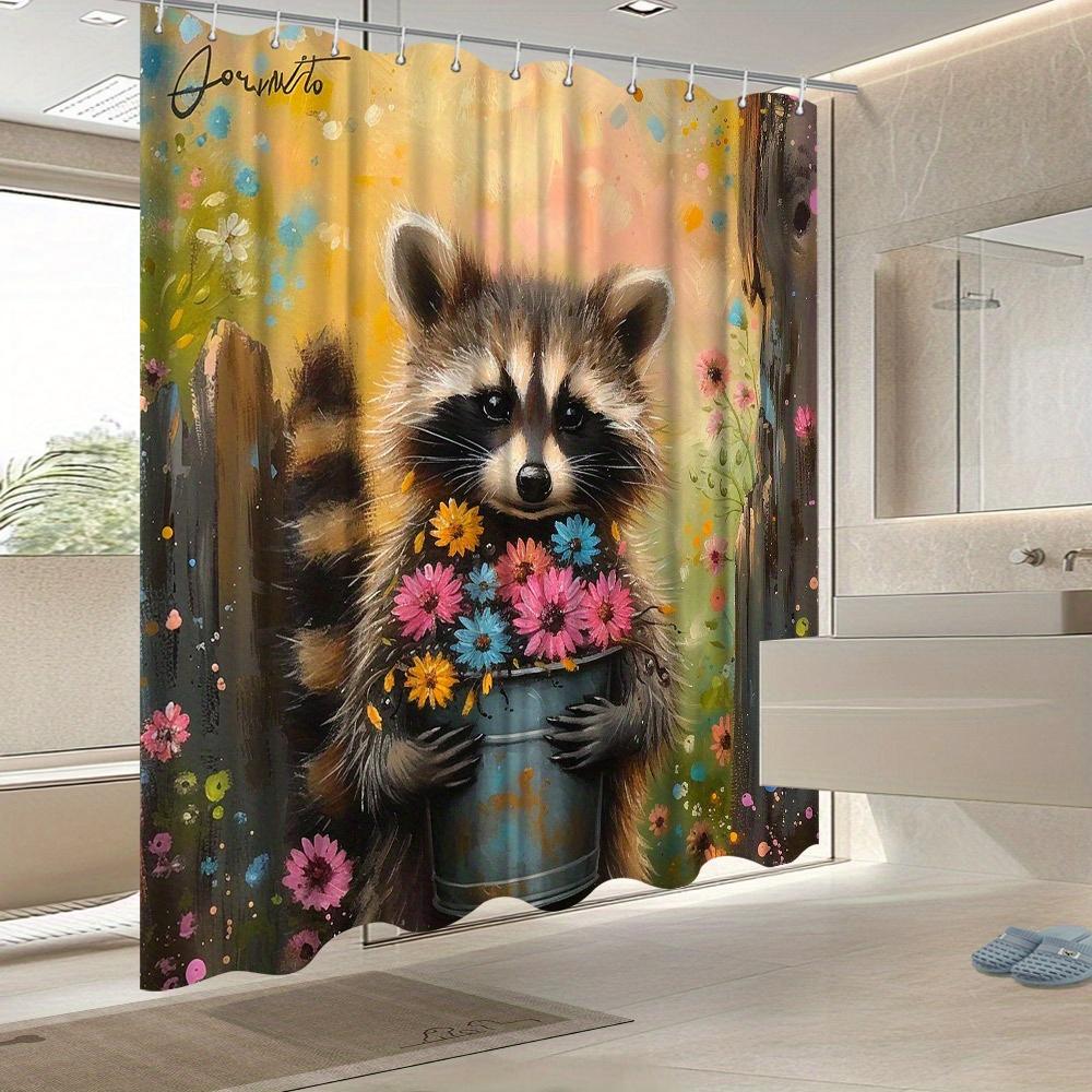 Raccoon Shower Curtain - Cute Raccoon With Flowers, Rustic Fence, Colorful Background,Fade Resistant,70.8X70.8",Machine Washable