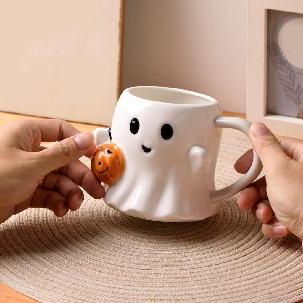Cute Ghost Mug Halloween Ceramic Coffee Cup 3D Pumpkin Creative Spooky Drinkware Novelty Tea Milk Mug with Spoon Birthday Gift