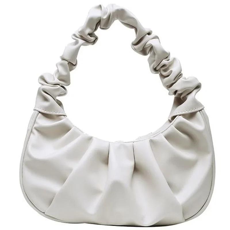 Korean Women Cloud Pleated Shoulder Bag Ladies Solid Color Leisure PU Leather Underarm Fashion Female Small Vintage Handbag