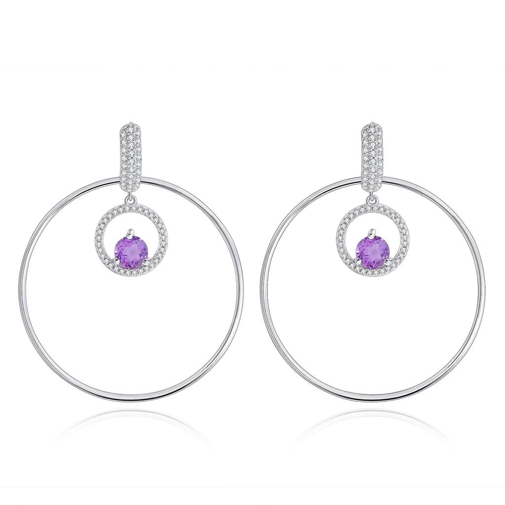 Fashionable Large Circle Exaggerated Earrings 925 Sterling Silver Inlaid with Natural Amethyst Blue Gemstone Round Earrings