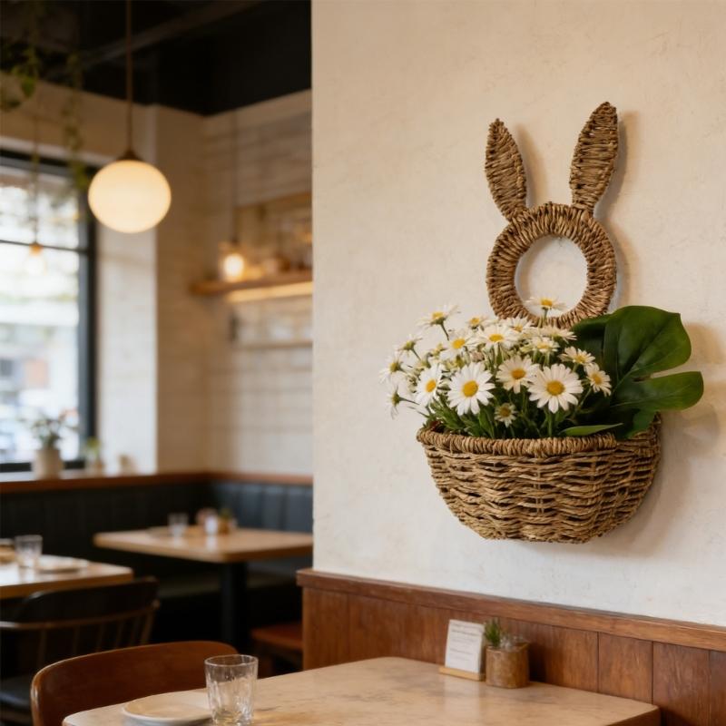 Handwoven Rabbits Ear Shape Flower Basket Natural Rattan Breathable Flower Holder for Home Decors and Storage