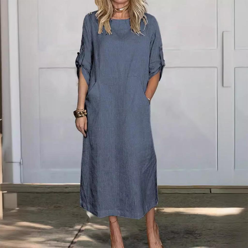 Modisches Damenkleid mit Rundhalsausschnitt, Farbe, locker, lässig, kurzärmelig, Tasche, Baumwolle und Leinen