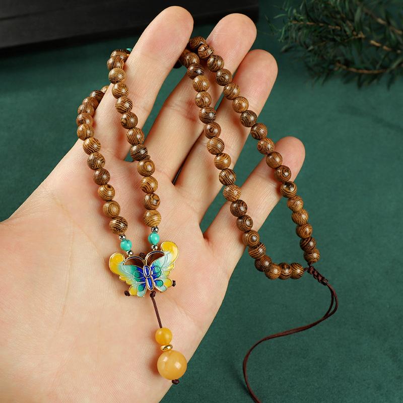 Retro Chinese wooden bead cloisonne necklace niche design medium and long sweater chain temperament literary women's accessories