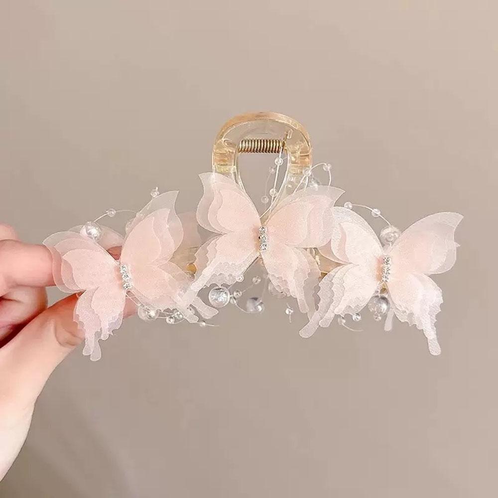 Wrinkled And Butterfly Hair Claws Thick Hair Sweet Pink Hair Clips Ponytail Fashionable Hair Accessory Hair Clips Claw Clip