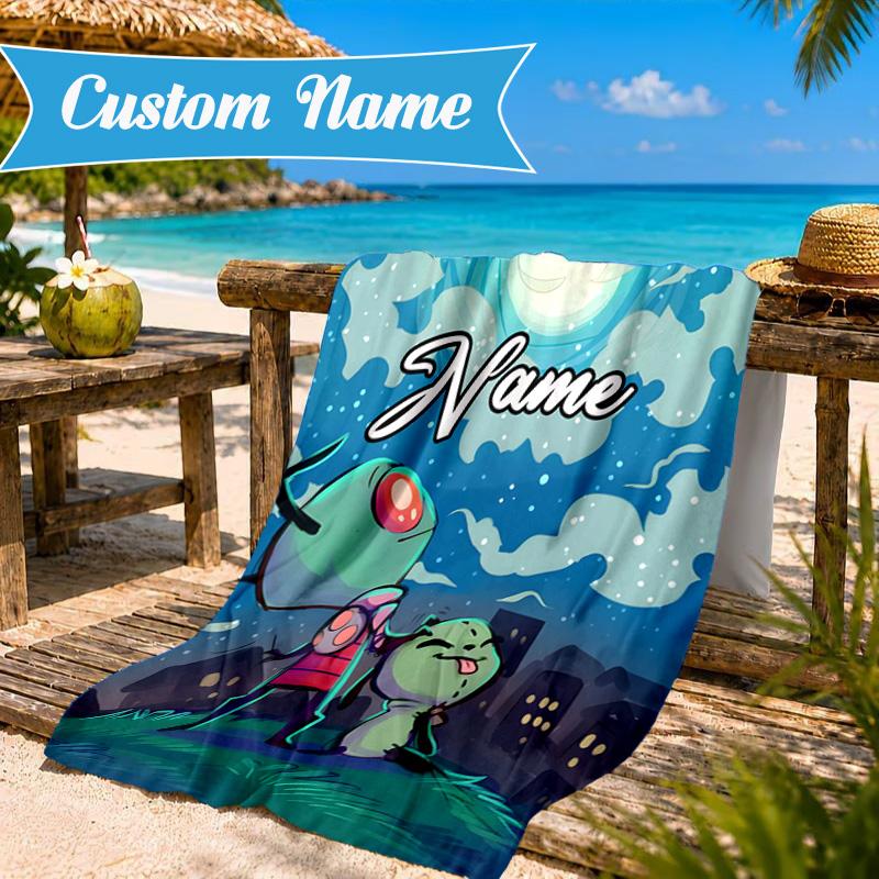 Custom Name Alien Expressions Collection Heart In Space Adventure Microfiber Beach Towel, Lightweight for Summer Travel, Swimming Pool Fan Gift