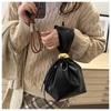 New Pleated Vintage Faux Leather Bucket Bag for Women Small Single Shoulder Wristlet Clutch