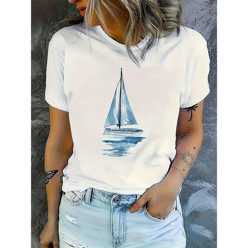 European Sizes Women'S Casual Short Sleeve T-Shirt - Summer Sailboat Graphic Tee with White Sailboat & Blue Water Design, Crew Neck