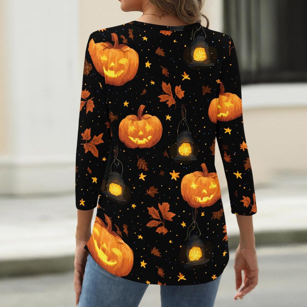 Women's Casual Halloween Print V Neck Button Front Three Quarter Sleeve T Shirt Top Lightweight Comfortable Fall Shirt