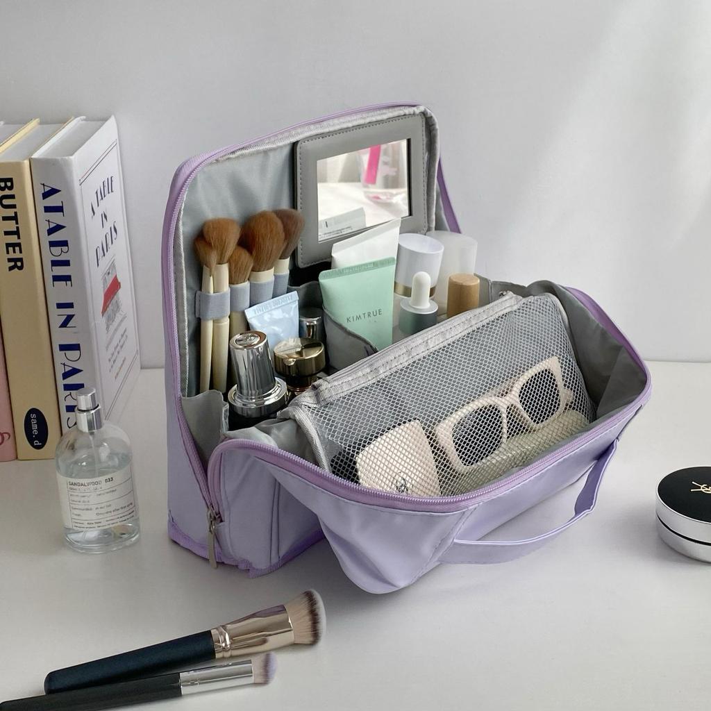 Portable Large Capacity Makeup Bag with Mirror, Hangable on Suitcase, Compartmentalized Cosmetic Storage Pouch.