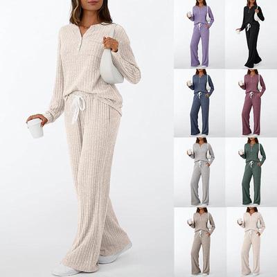 2025 Autumn/Winter Women's Ribbed V-Neck Brushed Pajama Two-Piece Set