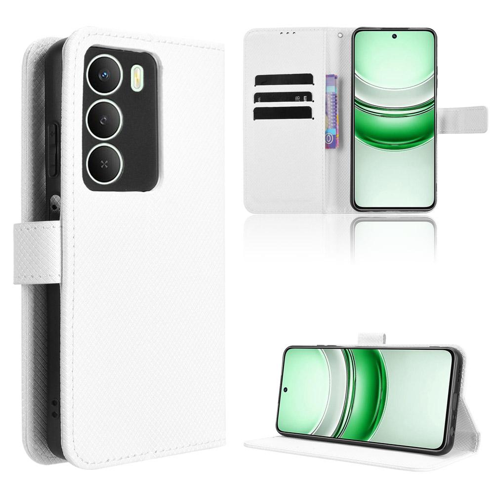 

For Realme V70 5G/Realme V70s 5G/Realme 14x 5G Leather Wallet Case with Strap Diamond Texture Phone Cover White