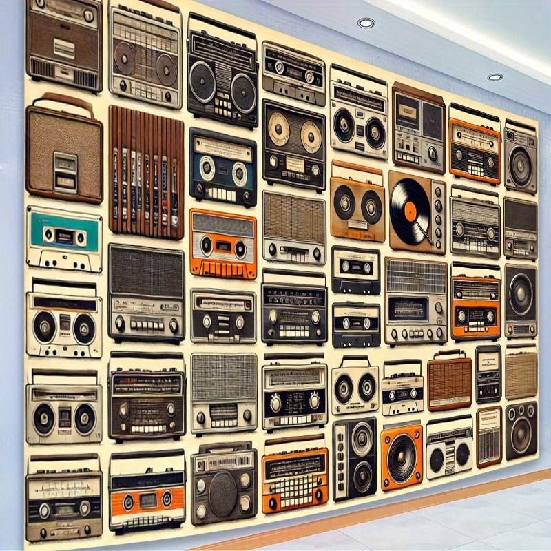 Retro audio party backdrop decoration - Mini speakers and tape wall decorations made of polyester for indoor/outdoor use
