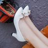 Spring and Autumn Versatile Single Shoes Femininity Black and White Work Shoes High Heels Middle Heel Bow High Heel Women's Shoes Marriage
