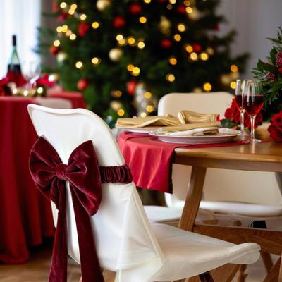 Yousheng Christmas Velvet Chair Sashes 11.8" X 29.5" Burgundy Chair Bows Tie Back for for Christmas Banquet Wedding Birthday Party Dining Room