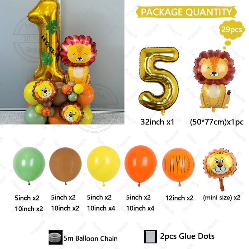 Set de 29 ballons dorés Chiffres 1-9 Anniversaire Ballon Lion Dessin Animé Thème Animaux de la Jungle Décoration de Fête Accessoires Photo Festival