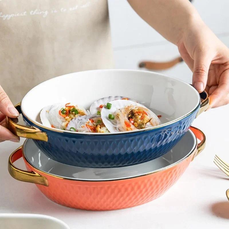 Golden Side Baking Tray Rectangle Oval Ceramic Glaze Baking Pan Barbecue Salad Plate Oven Kitchen Bableware