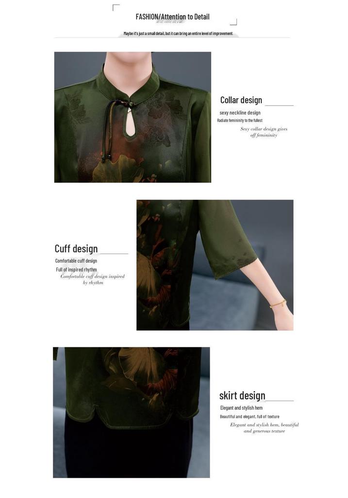 2026 Summer New Chinese Style Silk-Look Five-Sleeve Dress for Women - Trendy and Slimming for Middle-Aged and Elderly