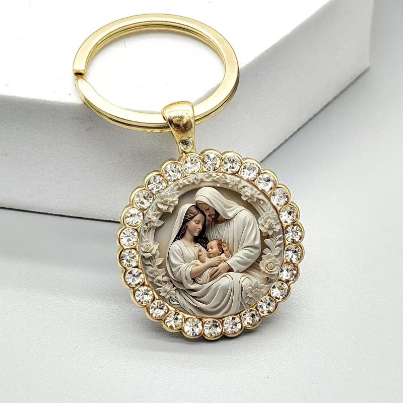Alloy Round Keychain Virgin Mary Keyrings Pendant Christian Saint Jewelry Religious Christian Faith Gift