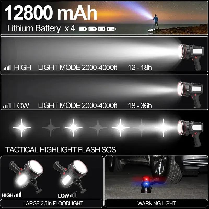 Super Bright LED Spotlight Rechargeable 7800 Lumen 12800mAh Long Lasting Searchlight Flood Fishing Hiking Camping Flashlight