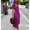 Women Floral Print Long Dresses Summer Sexy V Neck Split Lace-up Dress Female Casual Elegant Short Sleeve Beach Dress Vestidos