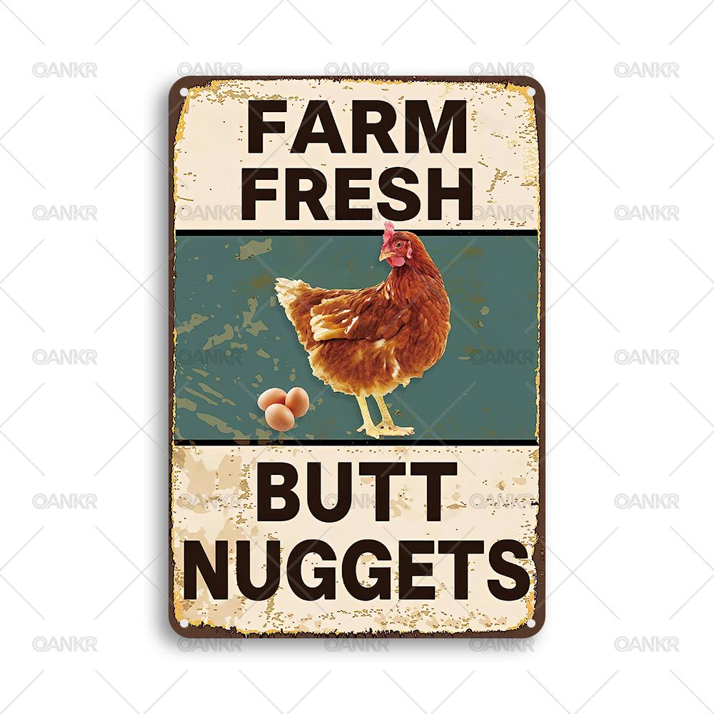 Vintage Farm Fresh Butt Nuggets Metal Tin Sign Ideal Gift Retro Chicken Poster Metal Signs for Farm Garden Home Wall Decor 20x30cm（7.8x11.8inch）