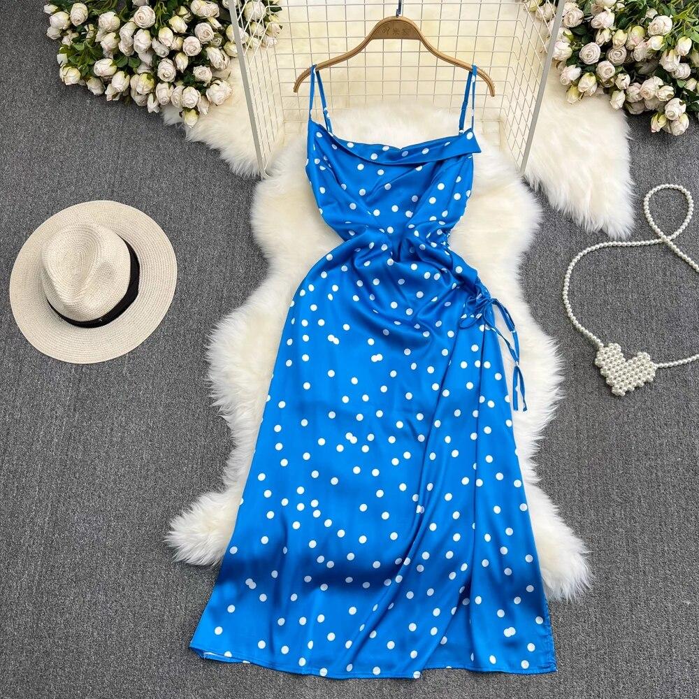 

Летнее платье для женщин с тонкой талией, без рукавов, халат на бретельках Femme 2024, модные платья в горошек на шнуровке One Size синий