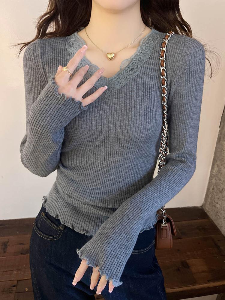 Fashion V Neck Lace Splice Knitted Bottoming Shirt Women's Elegant Casual New Slim Fitting Top Elegant Solid Color Sweet Long Sleeve Clothing