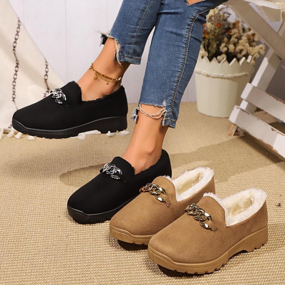 Chain Decor Thick Plush Flats Shoes for Women Winter Comfort Warm Casual Shoes Woman Solid Color Soft Sole Slip On Loafers