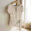 Women Casual V-Neck Short Sleeve Lace Up Stripe Blouse 2XL