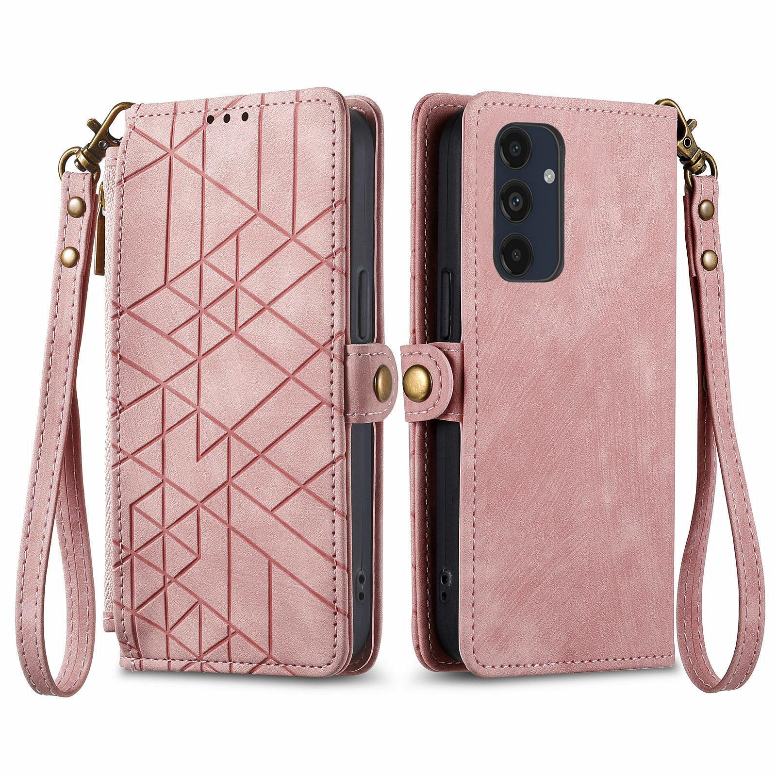 

For Samsung Galaxy S24 FE Zipper Wallet Case Geometry Lines Leather Phone Cover with Strap Pink