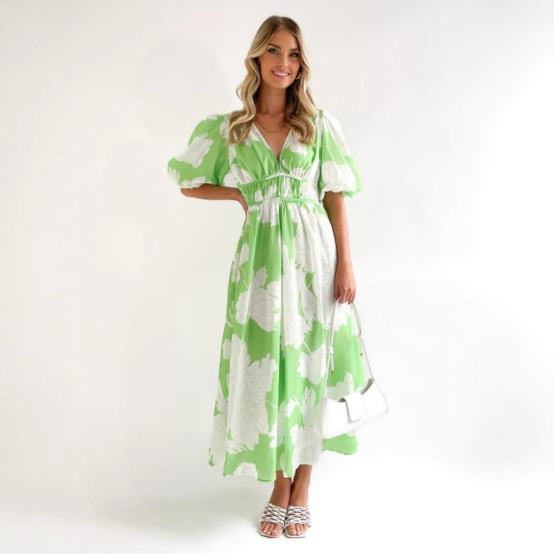 Damen Sommer Neue Modelle V-Ausschnitt Puffärmel Taille Schlank Großes Schwingkleid Bedruckte Kleider