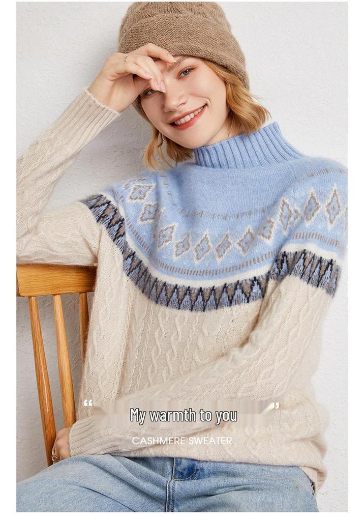 Women's Retro Thickened High Neck Cashmere Jacquard Pullover Sweater for Autumn/Winter