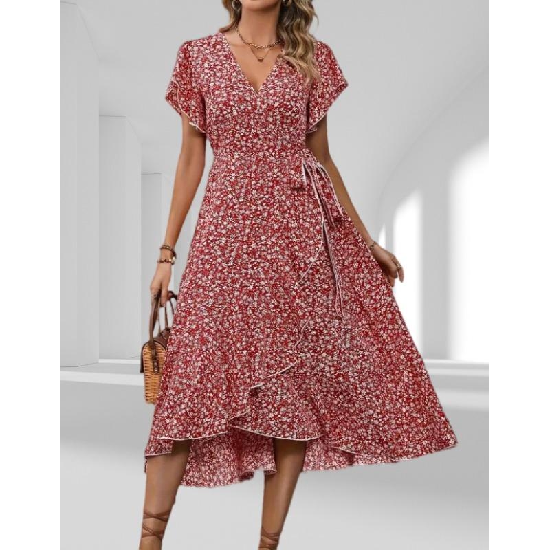 

European and American summer floral new vacation short-sleeved temperament waist v-neck wrap dress S красный