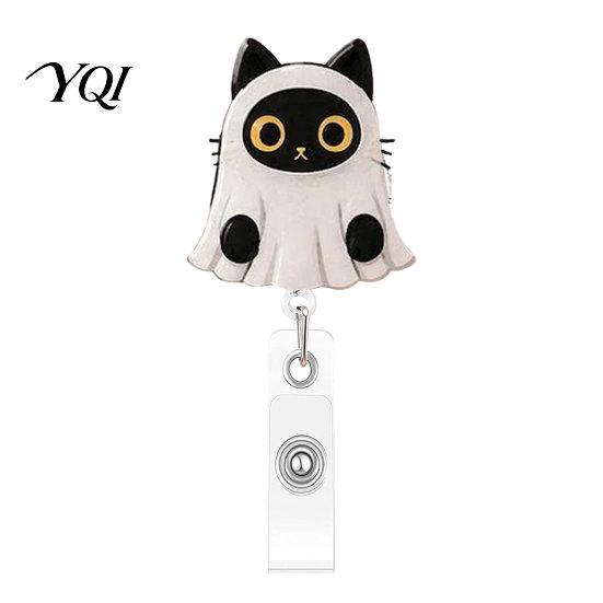 Badge Clip for Work Clothes Halloween Black Cat Pumpkin Reel, Retractable with 360 Degree Rotating Clip, Acrylic Decorative Reel ID Card Holder