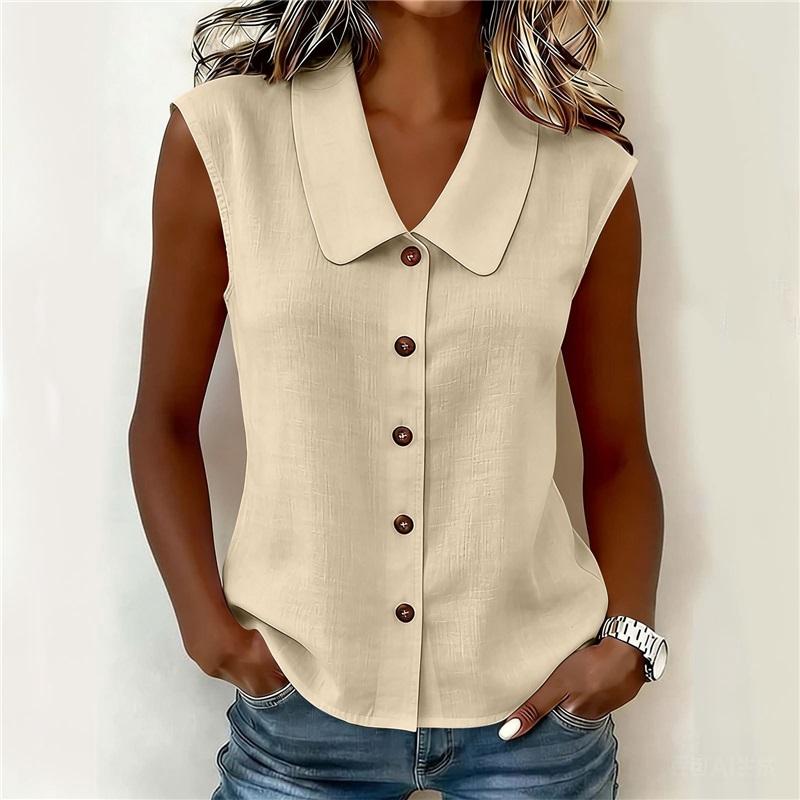 Women Sleeveless Lapel Collar Blouse Solid Button Down Casual Tank Top Shirt L абрикосовый