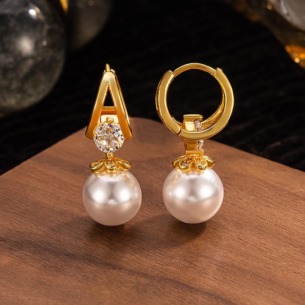 Elegant Female White Zircon Pearl Hoop Earrings Trendy Fashion Silver Gold Color Wedding Jewelry For Women