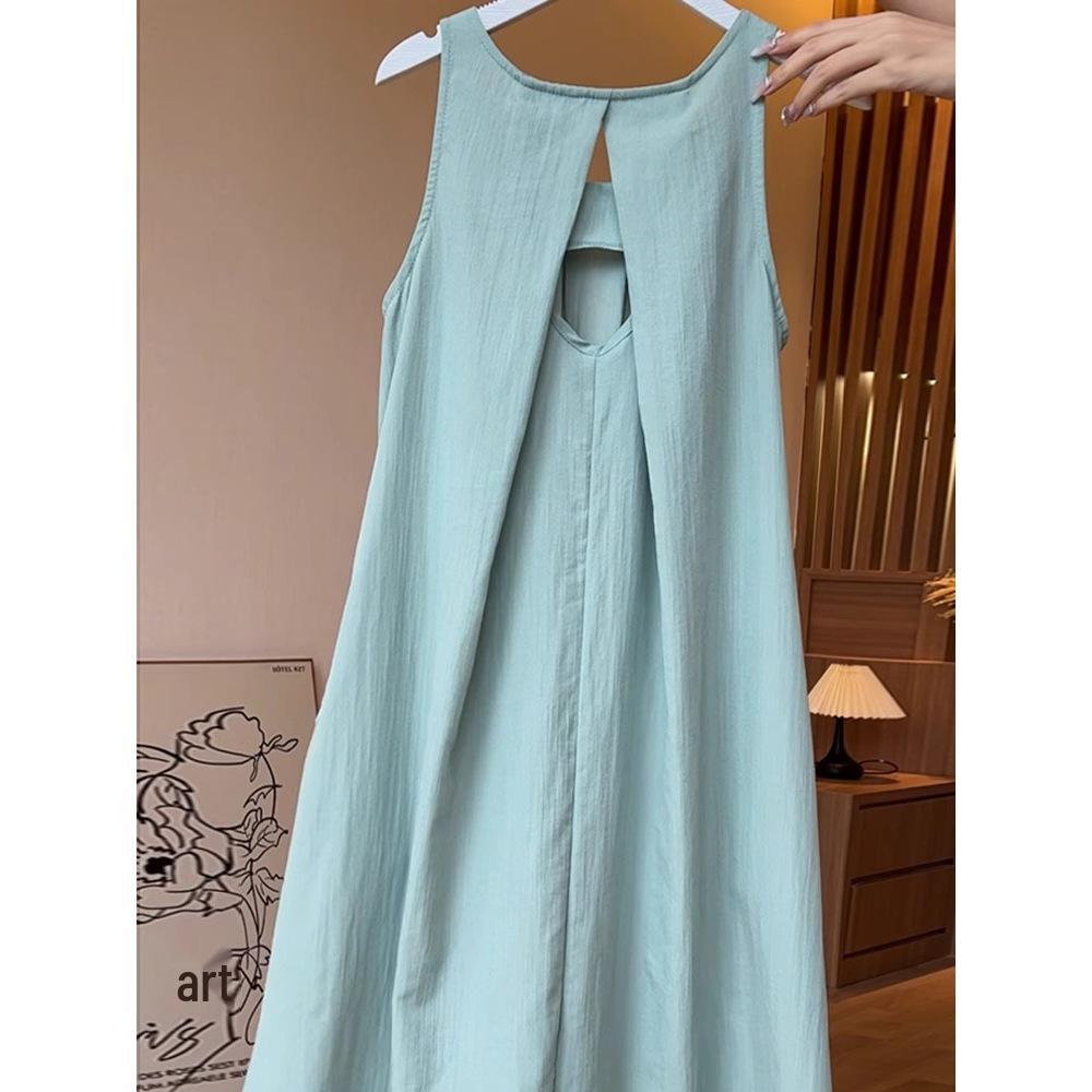 Women's French Sleeveless Vacation Tank Dress - Summer 2025: Solid Color, Loose, Over-the-Knee Long Style