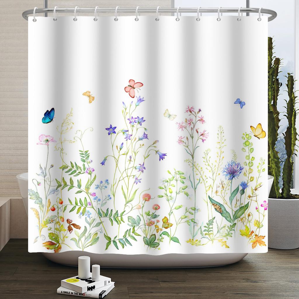 Floral Shower Curtain Flower Butterfly Waterproof Polyester Bathroom Curtain With Hooks Bathtub Screen